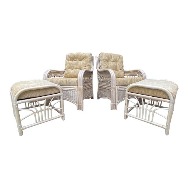 Vintage Whitewash Rattan Lounge Chairs & Ottomans 4 Pieces Chairish