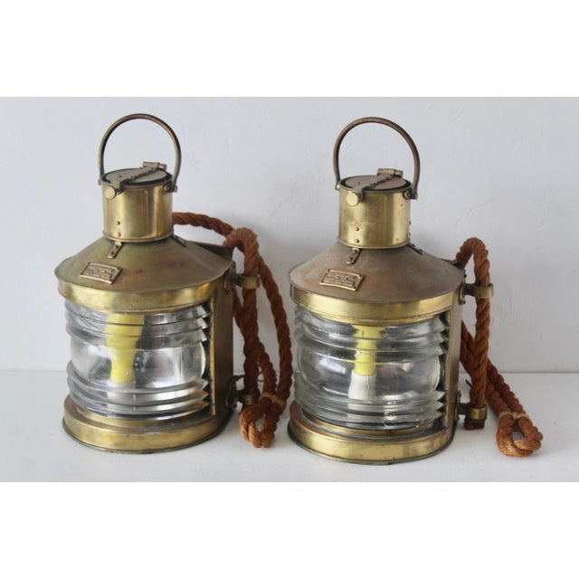 Brass Vintage British Brass Glass Rope Marine Masthead Light Lantern Lamps-a Pair For Sale - Image 8 of 17