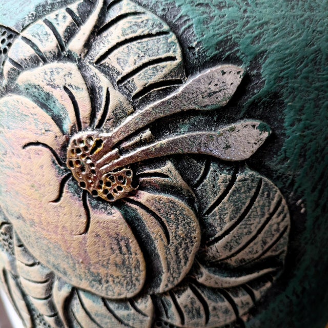 Turquoise 1980's Incised Turquoise Yellow Botanical Themed Hand-Thrown Studio Pottery Planter Vessel For Sale - Image 8 of 10