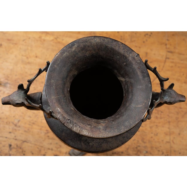 Metal Vintage Cast Metal Pedestal Jardinière With Sculptural Stag Handles For Sale - Image 7 of 11