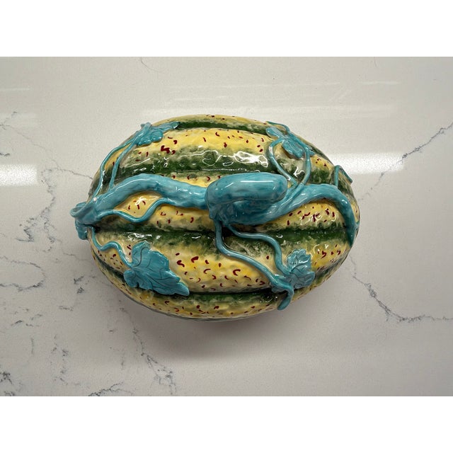 Majolica Vintage Italian Majolica Melon Tureen With Lid Hand Painted Ceramic Serving Bowl with Turquoise Vine & Leaf Detail For Sale - Image 4 of 8