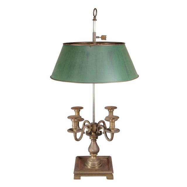 French Visual Comfort French Bouillotte Brass 4 Arm Candelabra Table Lamp Tole Shade For Sale - Image 3 of 12