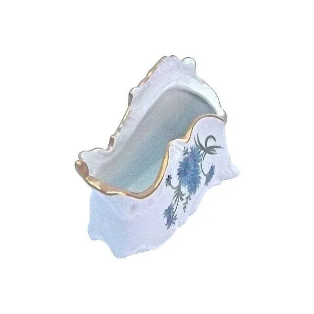 Vintage, English, signed, porcelain, blue cornflower, vase with hand-painted blue daisy design on front center and gilt...