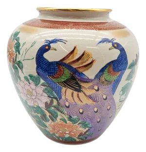 Hand-Painted Japanese Kutani Peacock & Peony Porcelain Vase, 8"