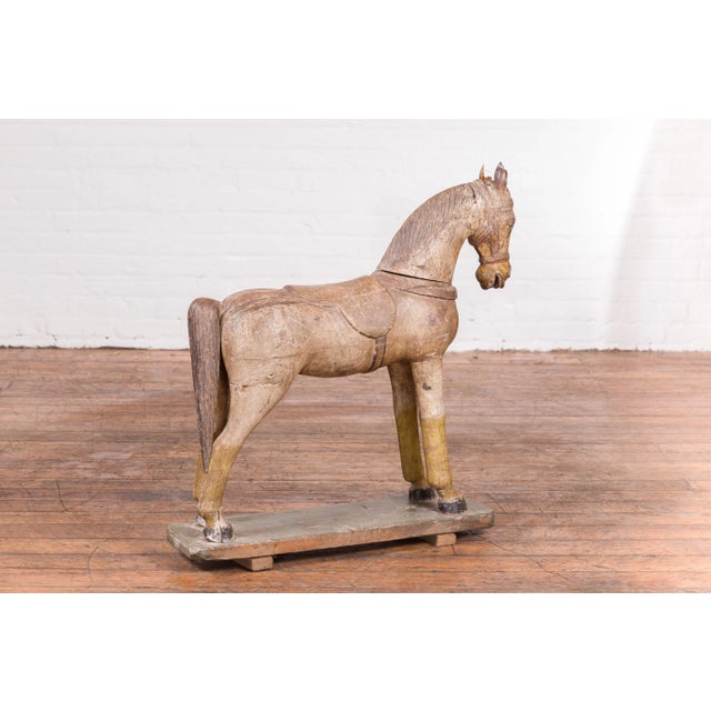 Antique Indian Multicolor Hand-Carved Wooden Mogul Horse on Rectangular Base For Sale - Image 4 of 13