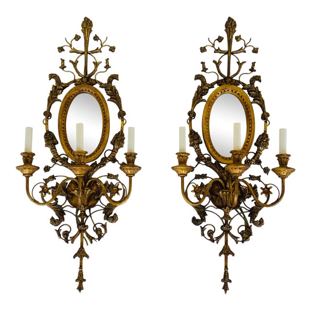 Myran Allan Luxury Lighting Italian Gold Carved Wood and Mirror Wall Sconces Pair For Sale