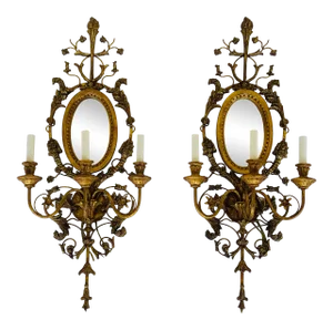 Myran Allan Luxury Lighting Italian Gold Carved Wood and Mirror Wall Sconces Pair