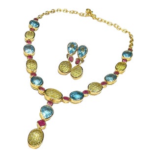 Bochic "Orient" Lemon Quartz , Topaz & Rubies in 18k Gold & Silver Set - 3 Pieces For Sale
