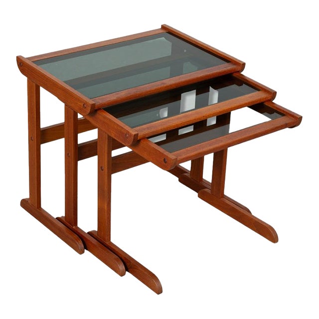 1970s Danish Mid Century Teak Glass Top Nesting Tables - Set of 3 For Sale