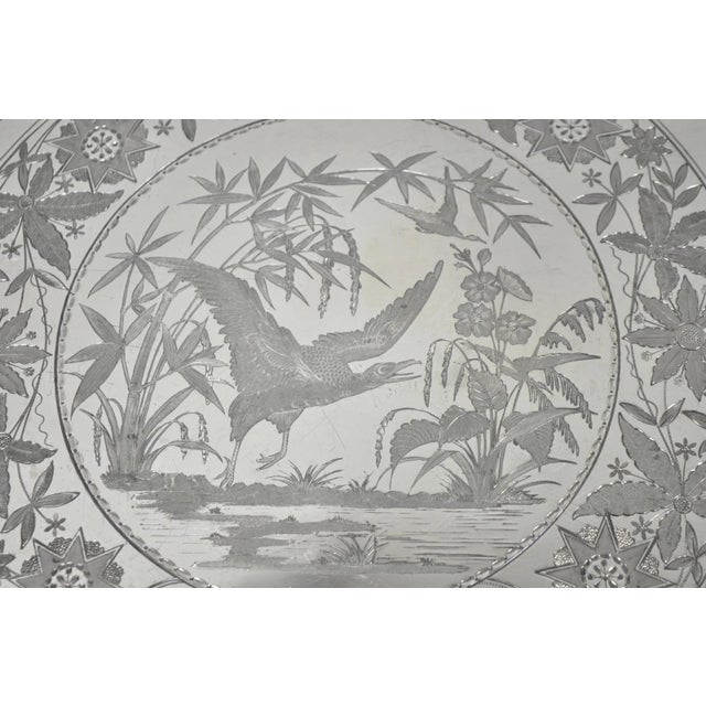 Early 20th Century Antique Rogers Smith & Co Art Nouveau Large Silver Plated Crane Bird Etched Tray For Sale - Image 5 of 18
