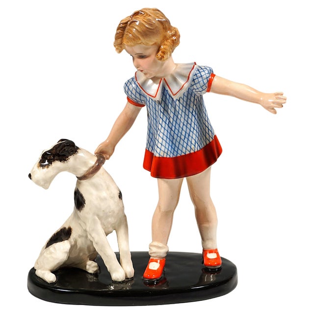 Ceramic Girl with Fox Terrier Figurine by Germaine Bouret, 1938 For Sale - Image 7 of 7