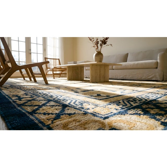 Stupendous Ivory Background Color and Navy Border Antique Chinese Baodou Rug For Sale - Image 10 of 11