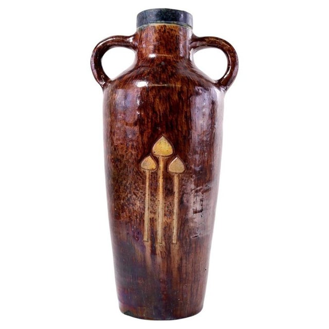 Antique Belgian Majolica Art Pottery Twin-Handled Vase with Toadstool Motif For Sale - Image 14 of 14