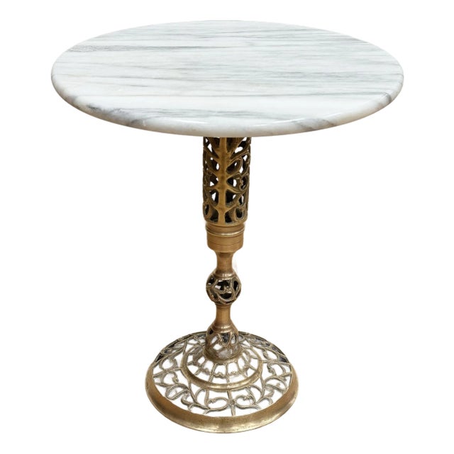 Vintage French Style Marble Top Table W/ Brass Filigree Base For Sale