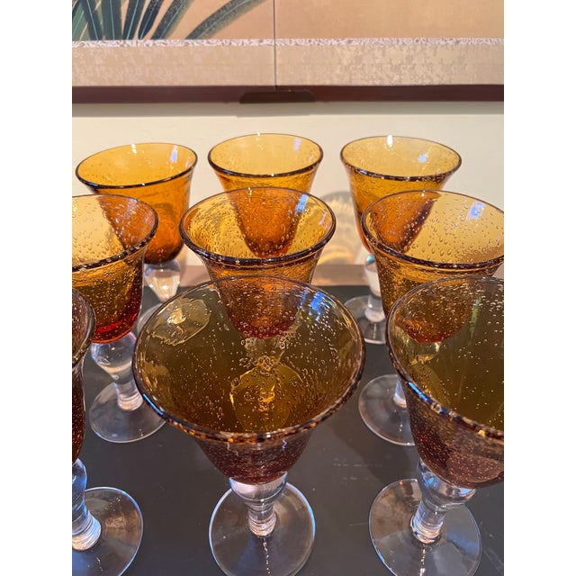 Late 20th Century Amber Bubble Blown Glass Goblets Water Glasses- Set of 9 For Sale - Image 4 of 12