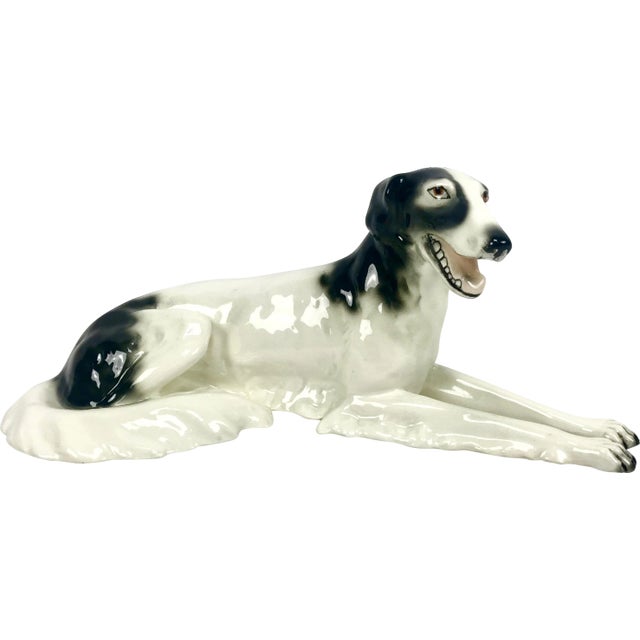 Art Deco Borzoi Greyhound Statue in Porcelain from Royal Dux Bohemia, Czechoslovakia, 1920s For Sale