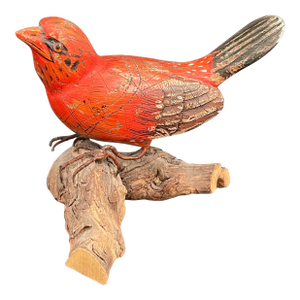 Wood Carving Sculpture of Summer Tanager Bird on Driftwood by Chuck Binder