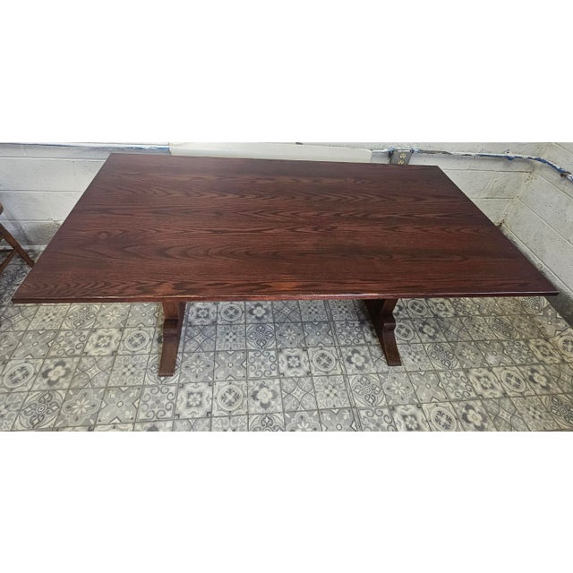 Chocolate Early American Style Stained Oak Trestle Dining Table For Sale - Image 8 of 10