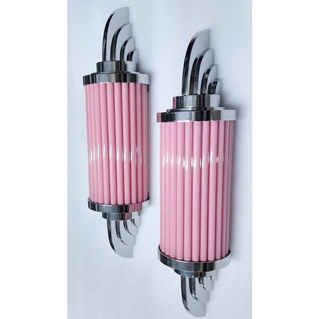 Vintage Skyscraper Art Deco Light Old Lamp Wall Sconces Fixture Nickel Brass & Pink Glass Rod Ship Light - Pair For Sale - Image 4 of 5