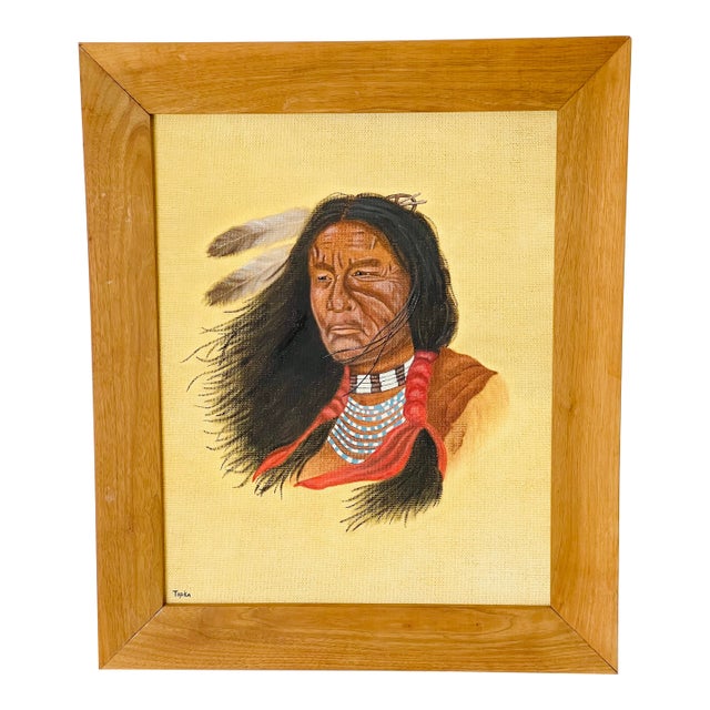 Outsider Folk Art Native American Portrait Signed, Framed For Sale