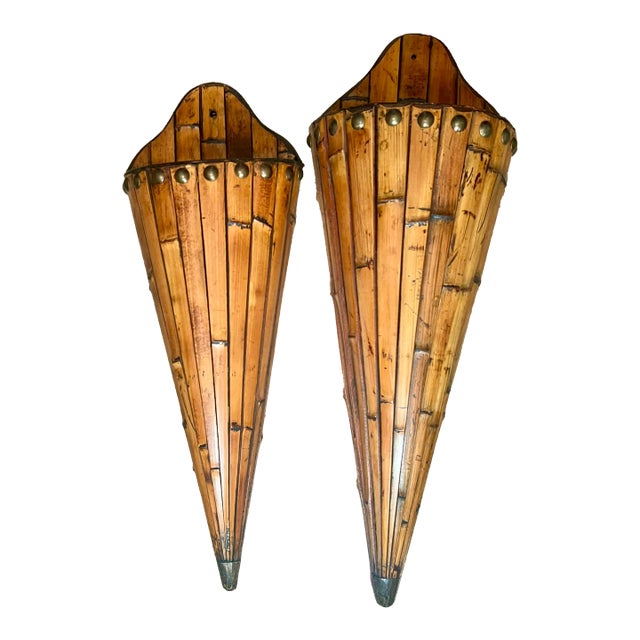 Vintage 1980s Large Burnt Scorch Bamboo Wall Pocket Vase Sconce - a Pair For Sale
