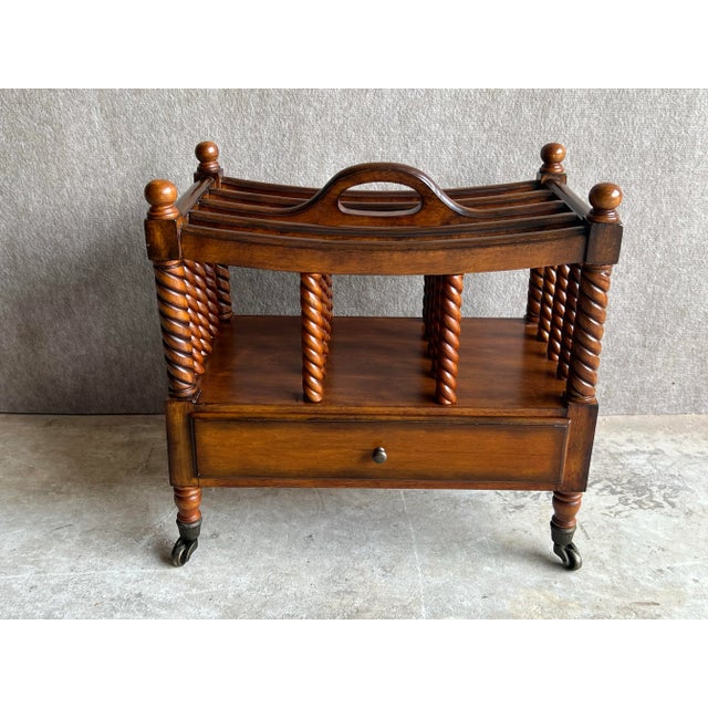 English Vintage English Canterbury Barley Twist Wooden Magazine Rack on Metal Casters For Sale - Image 3 of 12