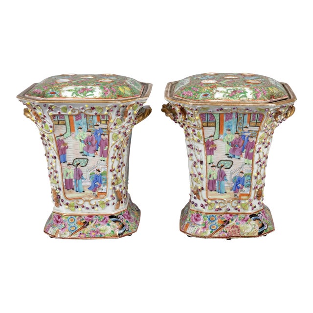 Chinese Export Famille Rose Bough Pots - a Pair For Sale