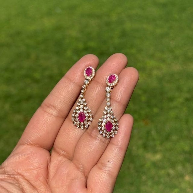 Mid-Century Modern Art Deco Revival 1.71ct Ruby & 1.29ct Diamond Chandelier Drop Earrings 14k Gold- 2 Pieces For Sale - Image 3 of 12