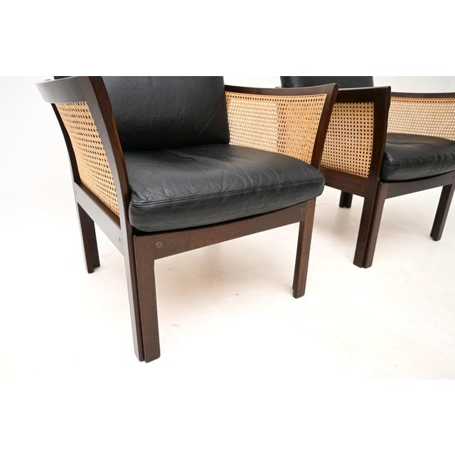 Vintage Danish Leather and Cane Chairs by Illum Wikkelso for CFC Silkeborg, 1960, Set of 2 For Sale - Image 9 of 11