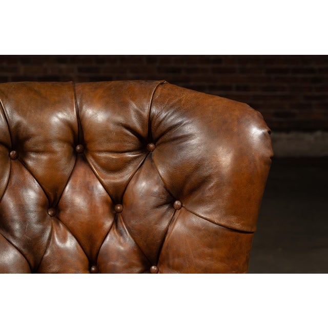 Vintage Tufted Leather Highback Armchair With Lumbar Pillow in Brown For Sale - Image 11 of 11