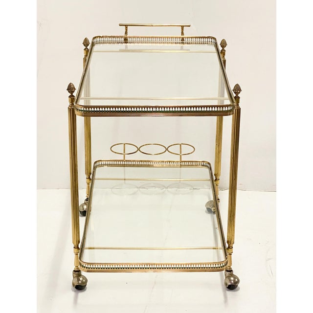 French Two-Tiered Rolling Drinks Cart of Brass and Glass For Sale - Image 4 of 8