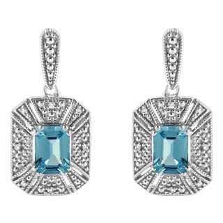 .925 Sterling Silver 7x5MM Emerald Shape Blue Topaz and Diamond Accent Art Deco Halo Style Drop and Dangle Earrings (I-J Color, I1-I2 Clarity) For Sale
