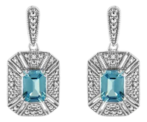 .925 Sterling Silver 7x5MM Emerald Shape Blue Topaz and Diamond Accent Art Deco Halo Style Drop and Dangle Earrings (I-J Color, I1-I2 Clarity)