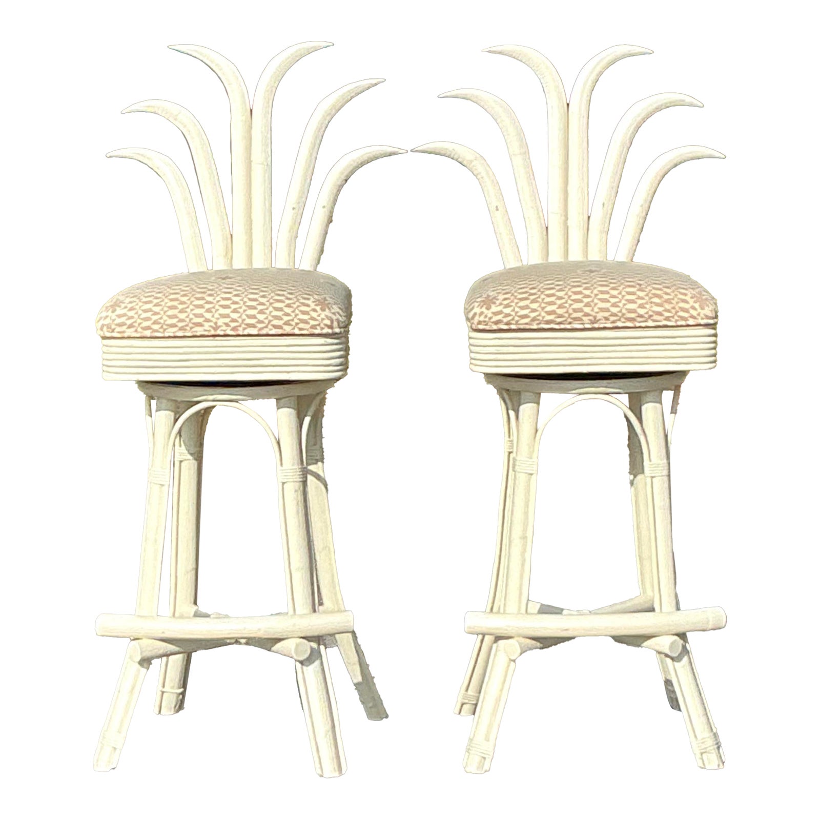 Vintage Coastal Swivel Pineapple Rattan Quadrille Covered Bar Stools ...