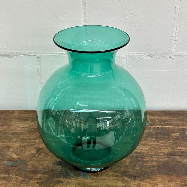 Large MidCentury Modern Handblown Glass Turquoise Table Vase / Vessel