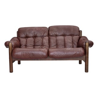 Swedish 2-Seater Sofa in Brown Leather and Dark Beech, 1970s For Sale