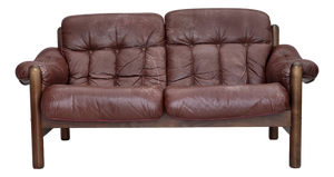Swedish 2-Seater Sofa in Brown Leather and Dark Beech, 1970s