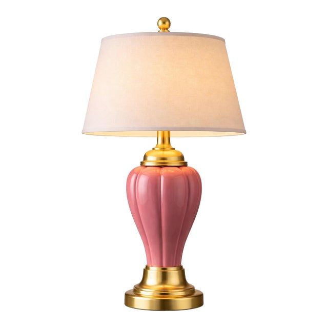 Late 20th Century Hollywood Regency Pink Fluted Ceramic & Brass Table Lamp With Linen Shade For Sale