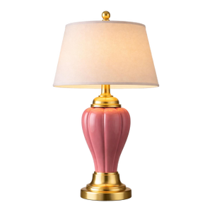 Late 20th Century Hollywood Regency Pink Fluted Ceramic & Brass Table Lamp With Linen Shade