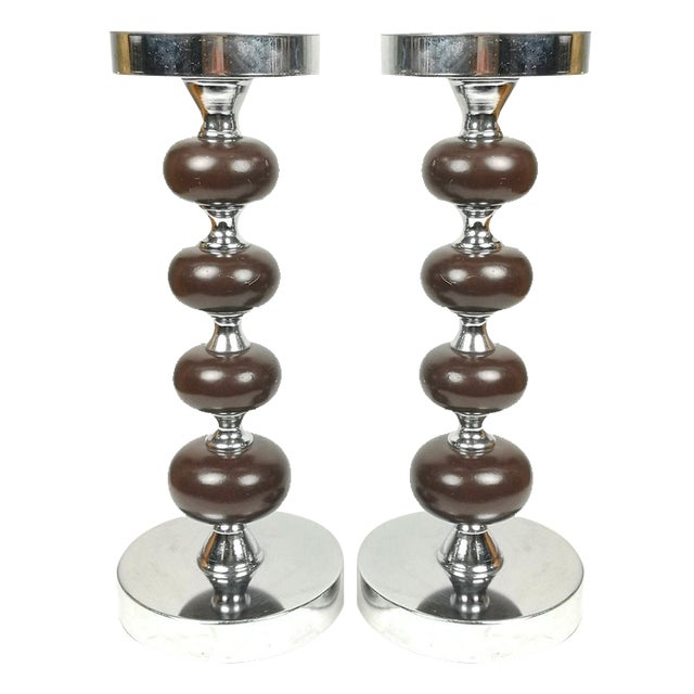 Candleholders on Steel Frame with Wooden Spheres, Set of 2 For Sale