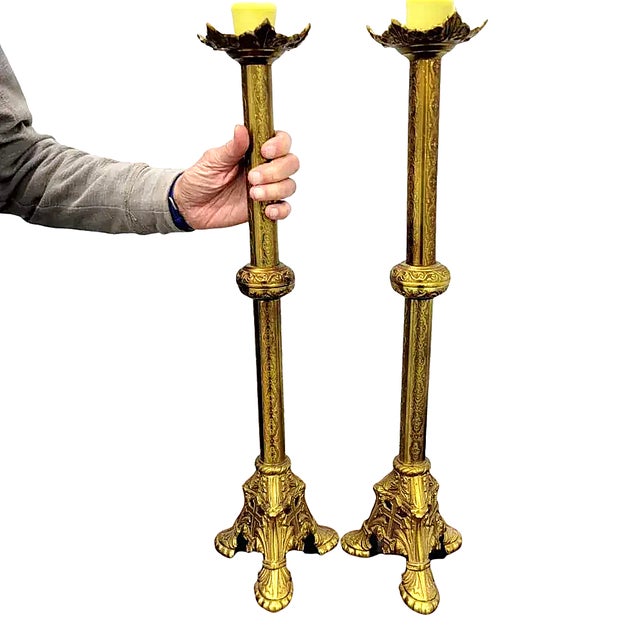 Gothic Antique French Gothic Revival Gilt Brass Altar Candlesticks – Pair, 24 Inches For Sale - Image 3 of 7