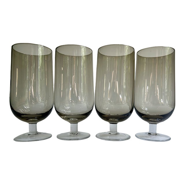Tall Set of 4 Crystal Tawny & Clear Stem Glasses, 1970's For Sale