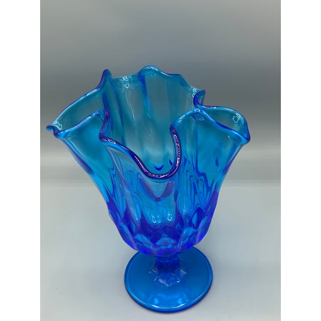 Glass 1950s Fenton Colonial Blue Thumbprint Thousand Eye Footed Handkerchief Vase For Sale - Image 7 of 8