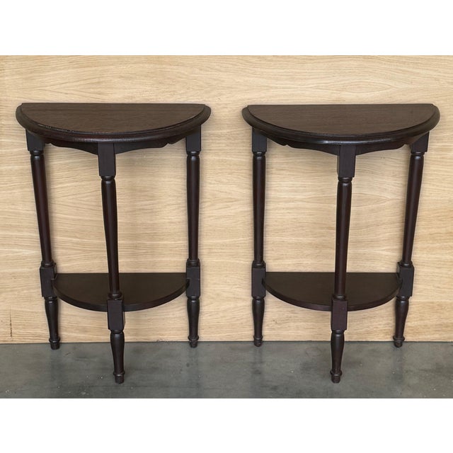 Early 20th Century Pair of Dark Wood Narrow Demilune Convertible Nightstands with Low Shelve For Sale - Image 16 of 18