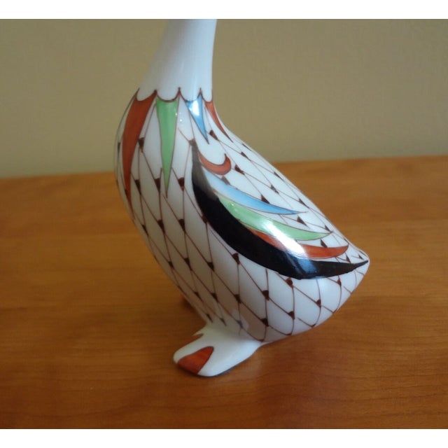 Mid-Century Modern Vintage MCM Hollohaza Hungary Fishnet Hand Painted Porcelain Goose Figurine For Sale - Image 3 of 6