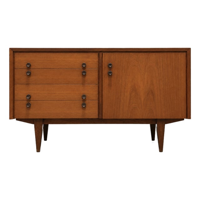 Compact Mid Century Modern Teak Cabinet | Petite Danish Modern Small Credenza | Apartment Size Tv Stand, C. 1960’s For Sale