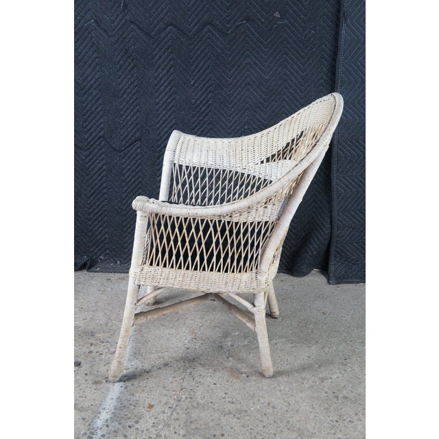 Antique White Painted Wicker Boho Chic Cottage Farmhouse Patio Lounge Armchair For Sale - Image 12 of 14