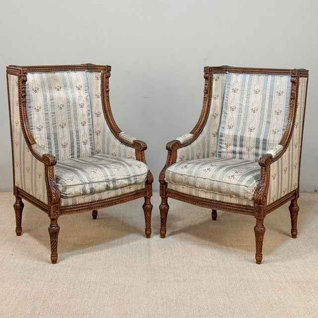 Late 19th Century Pair 19th Century French Louis XVI Walnut Bergères ~ Armchairs For Sale - Image 5 of 17