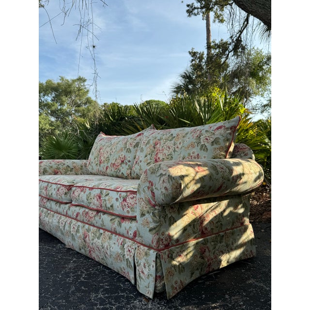 Vintage English Cottage Floral Upholstered Sofa | Grandmillennial Skirted Couch | Custom Floral Loveseat For Sale In Tampa - Image 6 of 7