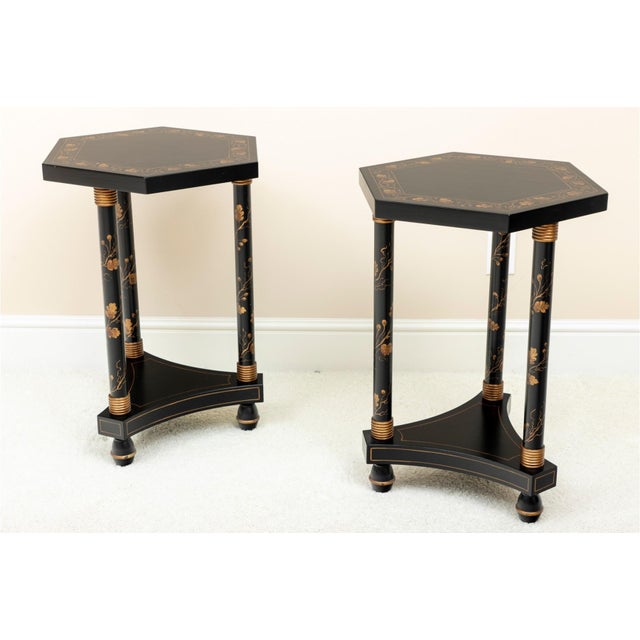 Traditional Pair of Ebonized and Parcel Gilt Hexagonal Side Tables For Sale - Image 3 of 9